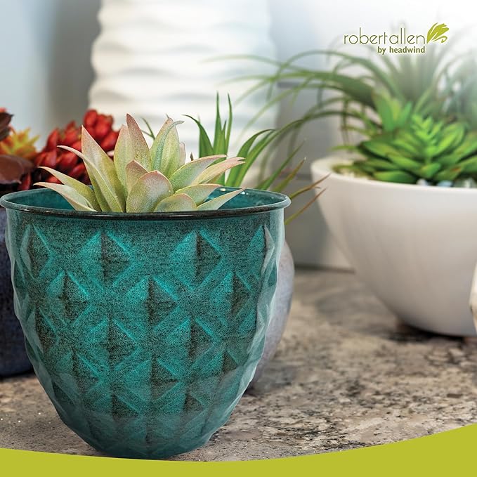 Headwind Glazed Ironstone Diamonte Collection – Surf Green 8-Inch Decorative Plant Pot, Indoor & Outdoor, Vintage Diamond-Textured, Lightweight & Weather-Resistant for Garden Use by Robert Allen