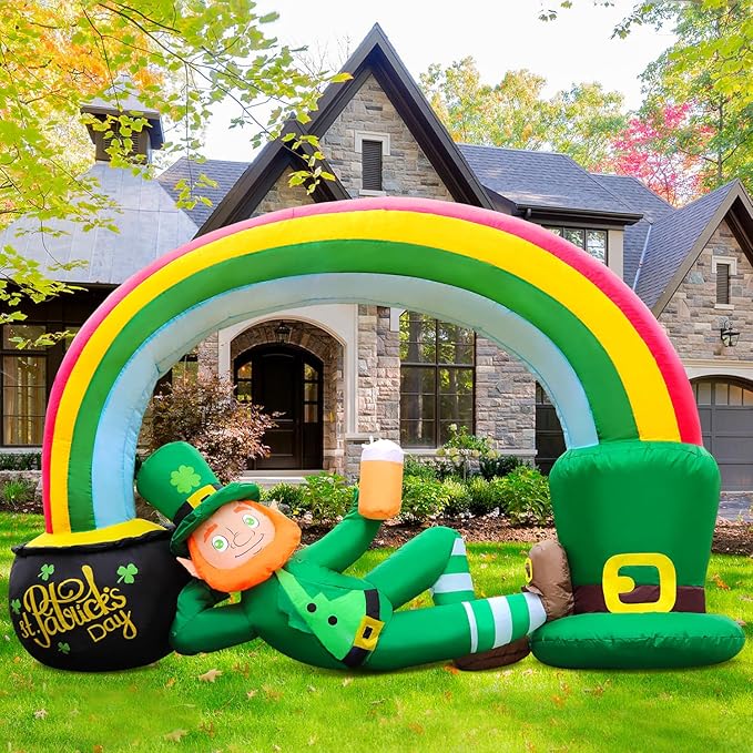 St. Patricks Day Inflatable Decorations 7FT Lying Leprechaun Rainbow Arch with Gold Coin Pot Built-in Bright LED Lights Outdoor Lucky Day Holiday Lawn Yard Garden Patio Décor