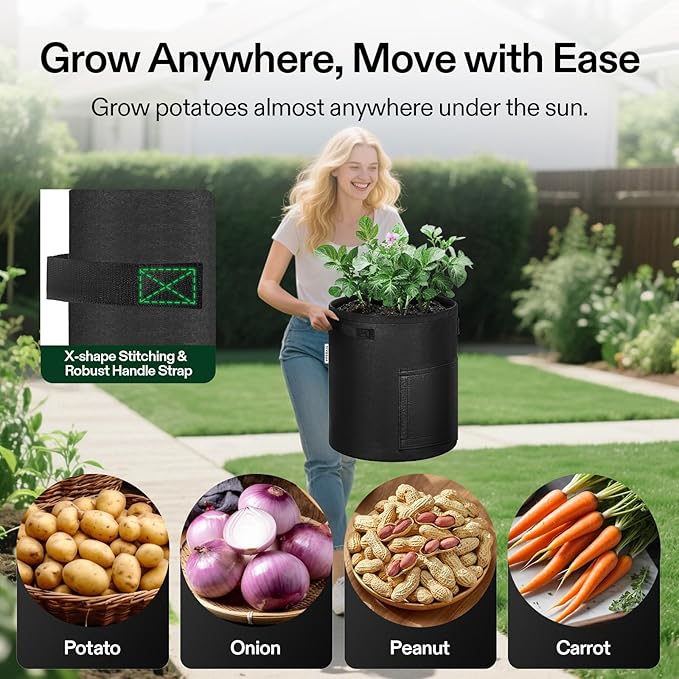 VIVOSUN 5-Pack 10 Gallon Potato Grow Bags for Growing Potatoes, Fabric Potato Pots with Handle and Roll-up Window, Potato Growing Containers Potato Planter Potato Planter for Growing Potatoes, Black