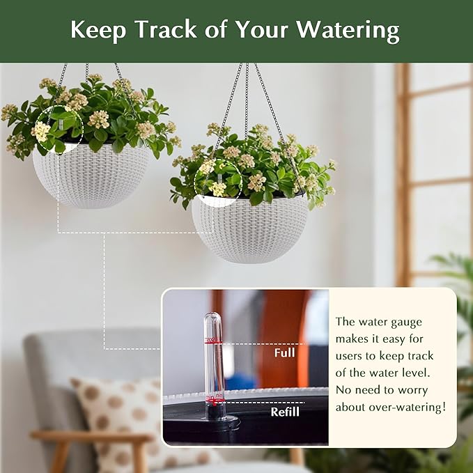 Vigo huseeo 13.5 inch 2Pack Large Hanging Planters for Outdoor/Indoor Plants, Self Watering Hanging Pot with Water Level Indicato, Drainage Holes and Chain for Garden Porch, White