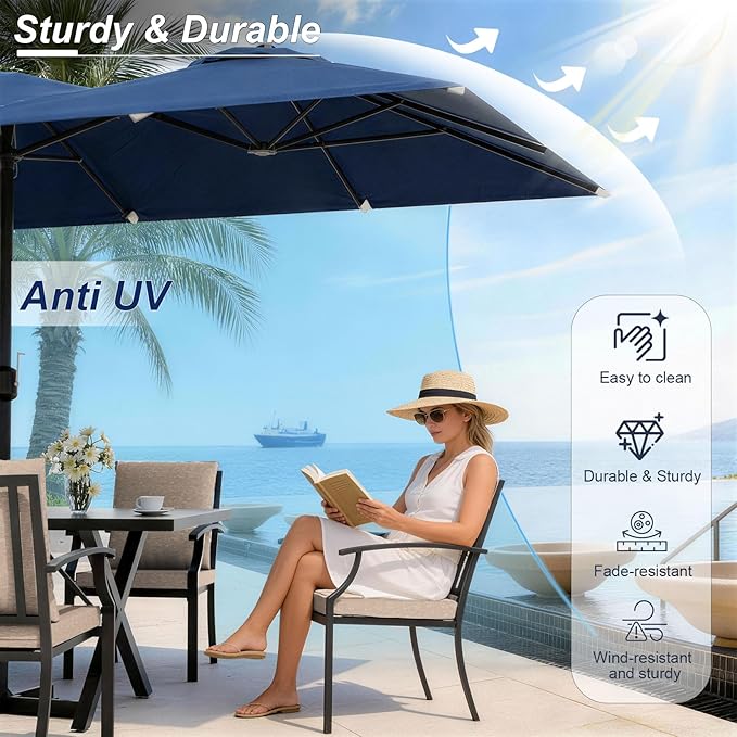 10-Pieces Patio Conversation Set,Metal Outdoor Furniture Set Includes 13.6FT Navy Umbrella,Hole Cut-Out 78.7" x 35.4" Table and 8 Metal Backrest Chairs for Backyard,Garden,Sand
