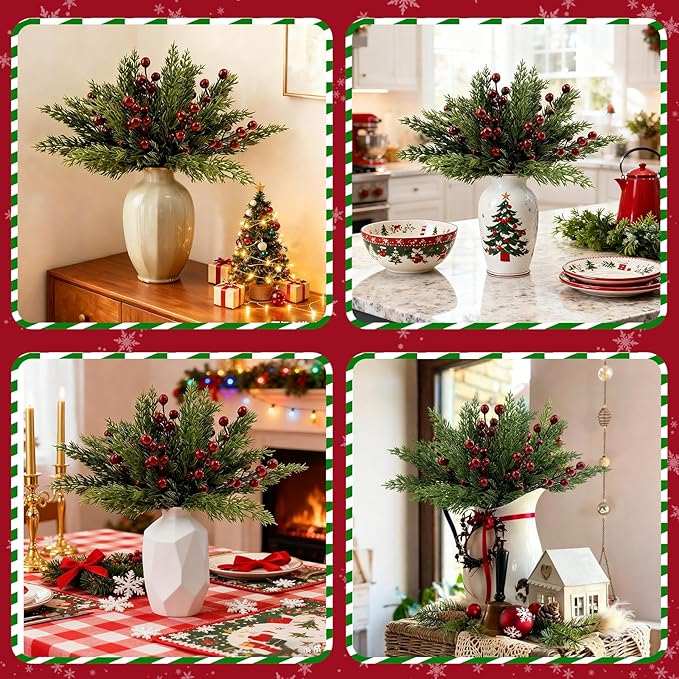 MEMOVAN 45PCS Christmas Norfolk Pine Branches with Red Berry Stems Artificial Christmas Green Pine Stem Faux Cedar Pine Needles with Holly Berries Greenery Pines Picks Sprays for Vase Xmas Tree Wreath