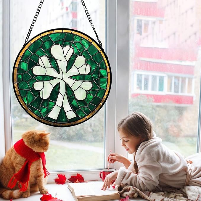 QZQCBLC Stained Glass Window Hanging Green Clover 6.3" - Suncatcher Door Garden Sun Catcher Home Ireland Decor Birthday Mother's Day St Patrick's Day Gifts for Mom Men Woman Wife Friend