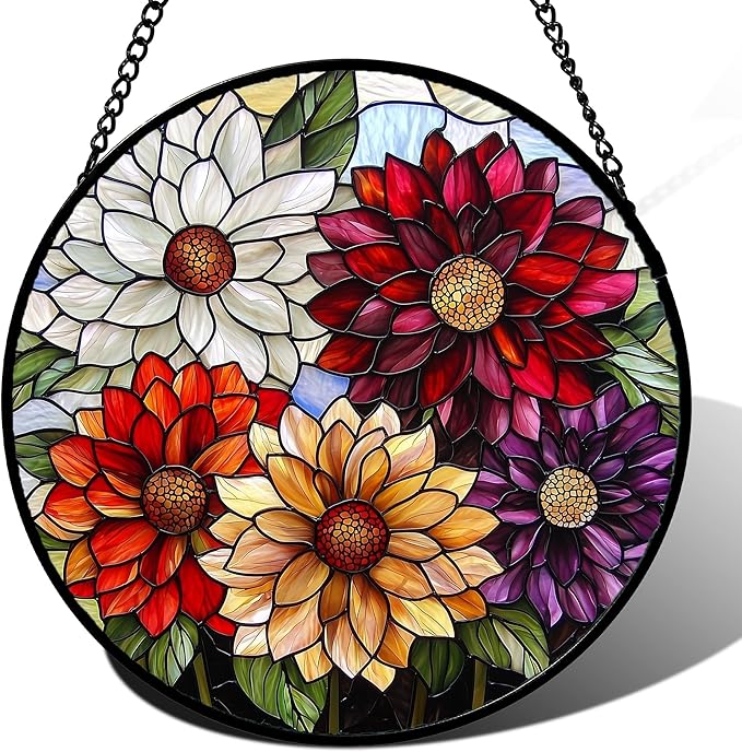 AMDERVEN Stained Glass Window Hanging, Colorful Flowers Sun Catcher for Window Door Home Decor Plant Suncatcher Christmas Mother's Day Birthday Gifts for Women Men Mom and Nana 7.8 in