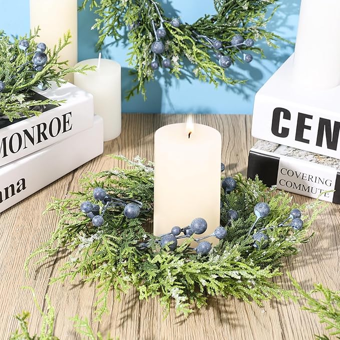 6 PCS Small Winter Blue Berry Cabinet Wreath Artificial Mini Kitchen Wreaths Vintage Swags Wreath with Retro Burlap Ribbon for Farmhouse Rustic Home Front Door Window Pillar Wedding Chair Wall