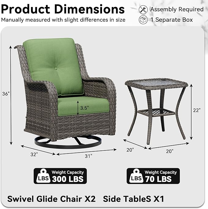 3 Piece Outdoor Wicker Patio Furniture Set, Swivel Rocker Patio Chairs Set with Thickened Olefin Cushions, High Back and Deep Seating, Hand-Woven PE Rattan for Porch, Deck