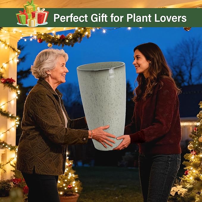 Neoaider 24/21/12 Inch Large Plastic Planter, Lightweight Ceramic-Look Tall Planters with Drain Hole & Saucers, Tall Plastic Planters for Porch, Garden, Patio, Balcony(Glaze Beige)