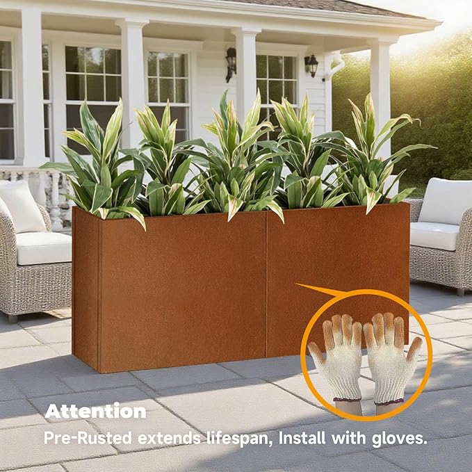 GZLVSOW Rusted Metallic Heavy Rectangular Planter 30" x 12" x 24" for Outdoor Plants Corten Steel Outdoor Planter Spliced Flower Box with Partitions for Outside,Indoor,Garden (Corten, 30 * 12 * 24)
