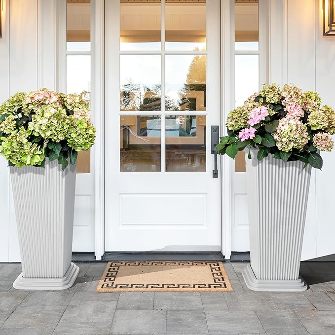 TUYOHW Set of 4 24" Tall Plastic Planters with Trays, Large Tapered Plant Pots for Indoor Outdoor Use, Modern Decorative Planters for Porch, Patio, Garden, and Backyard