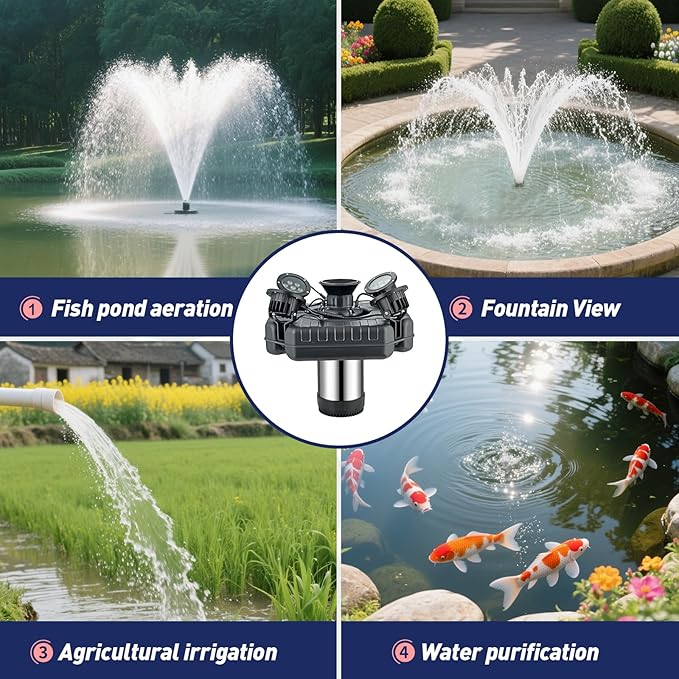 Premium LED Pond Fountain with RGB Lighting System, Stainless Steel Rotor, All-Copper Motor, Remote Control, Dynamic Color Changing, for Garden Ponds (without light)