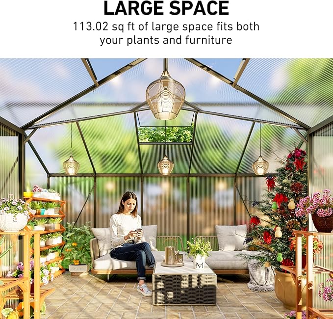 12X12FT Green Houses for Outside, Large Greenhouse for Outdoors and Garden Planting, Walk in Greenhouse Kit with Electronic Thermometers, Withstands Strong Wind or Snow to Protect Vegetables or Plants