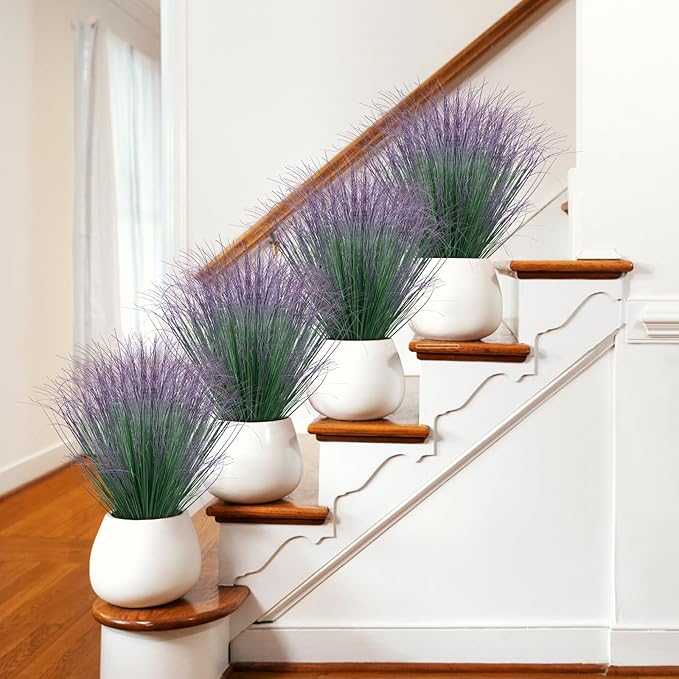 LUZOGA 100Pcs Artificial Grass Plants, Faux Shrubs Wheat Grass, Artificial Tall Fake Plants for Outdoor Decor, Greenery Stems Weed for Room Indoor Home Decor（Green Purple Tail）