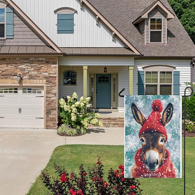 Donkey with Red Scarf and Hat Snowflake Christmas Garden Flag, 28x40 Inch Double Sided Linen Holiday Red Winter Farmhouse Yard Outdoor Decoration (4339)