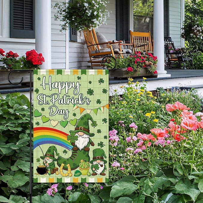 Happy St Patricks Day Garden Flag 12x18 Inch Double Sided,Gnome Lucky Shamrocks Outdoor Irish Decor House Porch Flag for St Patrick's Day Party and Yard Decorations