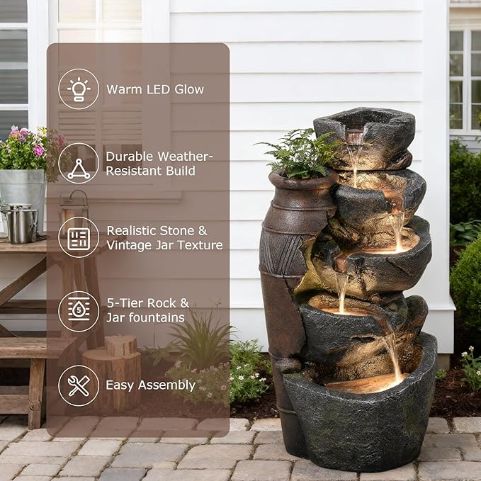 5 Tiered Rock Water Fountain Outdoor with Vintage Jar, Cascading Waterfall Fountain with LED Lights, Outdoor Fountains for Garden or Patio, Yard, and Deck Decor, 16.5" L x 12.6" W x 31.7" H