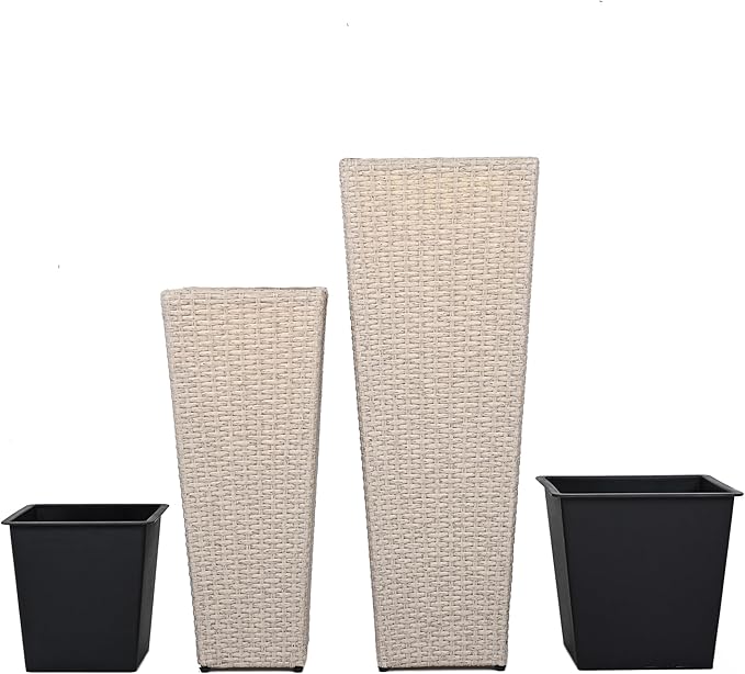 Christopher Knight Home Jorine Patio Wicker Planters Set of 2, Rattan Garden Urn, Iron Frame Flower Pots, Woven Wicker Garden Pot, 2 Plant Urns with Drainage Hole for Backyard Hall Balcony, Beige