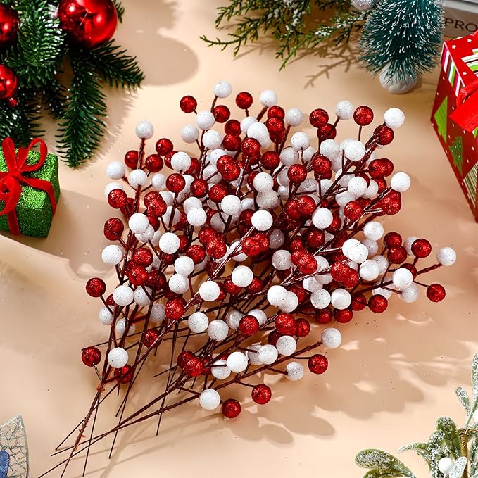 24 Pcs Christmas Glitter Berries Stems, 8.8" H Artificial Christmas Picks for Christmas Tree Ornaments, Holiday Wreath DIY Crafts, Xmas and Home Decor(Red, White)