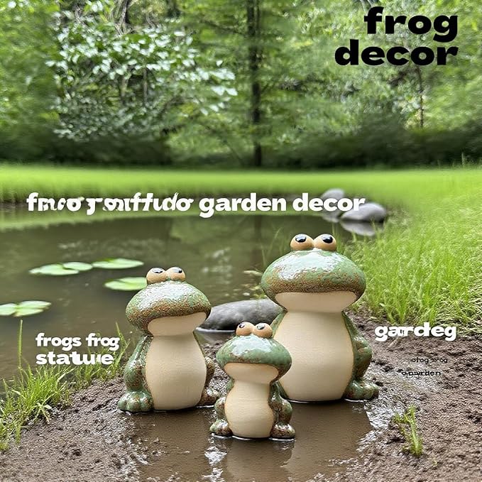 Frog Decor for Outdoor Garden Set of 3 - Cute Ceramic Frog Statues for Lawn, Pond, Patio, or Porch - Whimsical Ornaments, Funny Yard Decor, Ideal Chrismtas Gifts Decorations for Mom Grandma (Green)