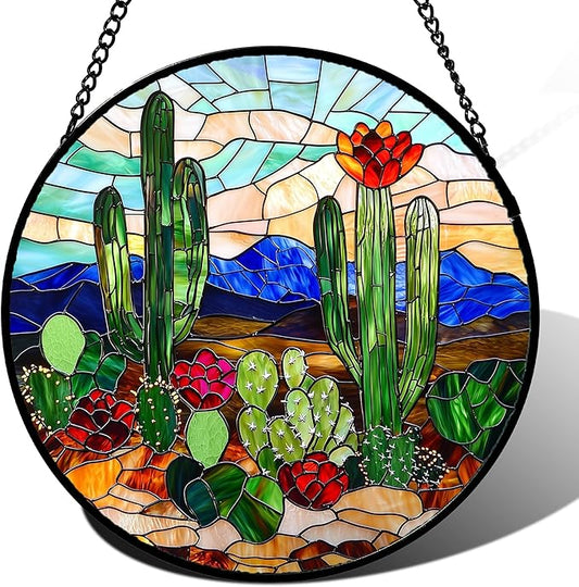 DASTOLL Stained Glass Window Hanging, Green Cactus Suncatcher for Doors Window Home Plant Landscape Sun Catchers Decoration Mother's Day Birthday Gifts for Women, Men, and Mom 15 in
