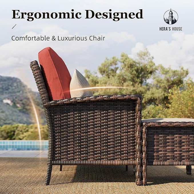HERA'S HOUSE 3-Piece Outdoor Patio Furniture, High Back Swivel Chairs Set of 2 with Rattan Table, Brown Wicker Conversation Bistro Set with 5.5” Thick Cushion for Deck Porch Balcony Garden Lawn, Red
