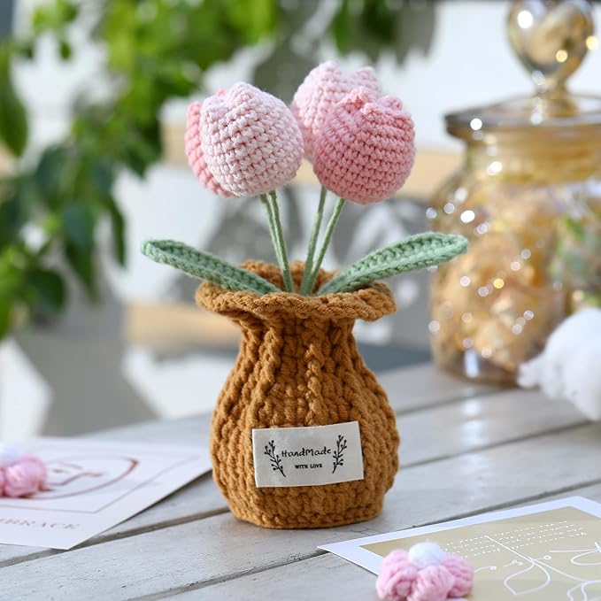 YOOJEE Tulip Crochet Flower Potted Plant Handmade Desk Decor Gift
