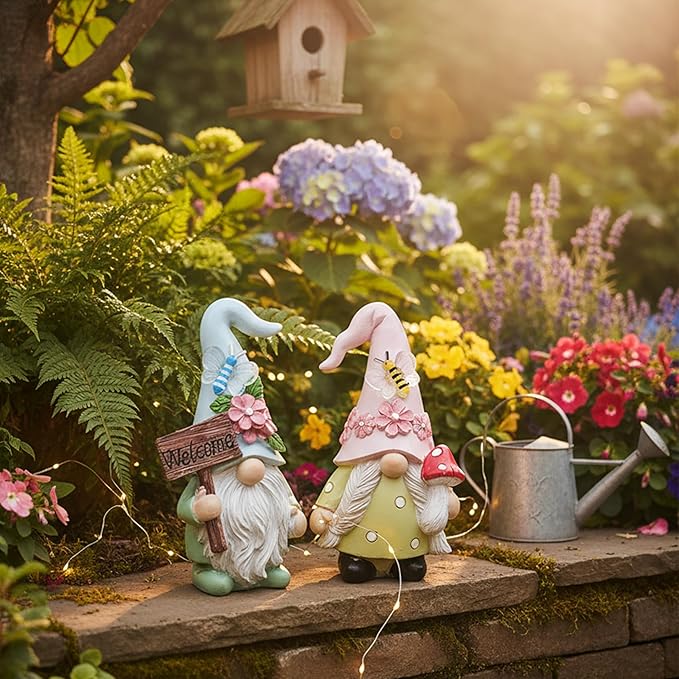 Cute 2 PCS Gnomes Statues Decor, Resin Figurines and Sculpture Décor, for Indoor Outdoor Yard Lawn Garden Home Patio Farmhouse Kitchen Table Decoration(Welcome Sign and Mushroom)