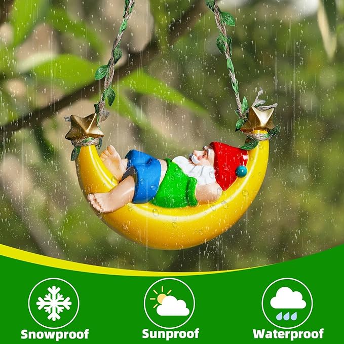 Easinine Hanging Gnome Statue Resin Moon Hammock Gnome Yard Decor for OutdoorHome Garden Decor Gifts for Mom Women and Man