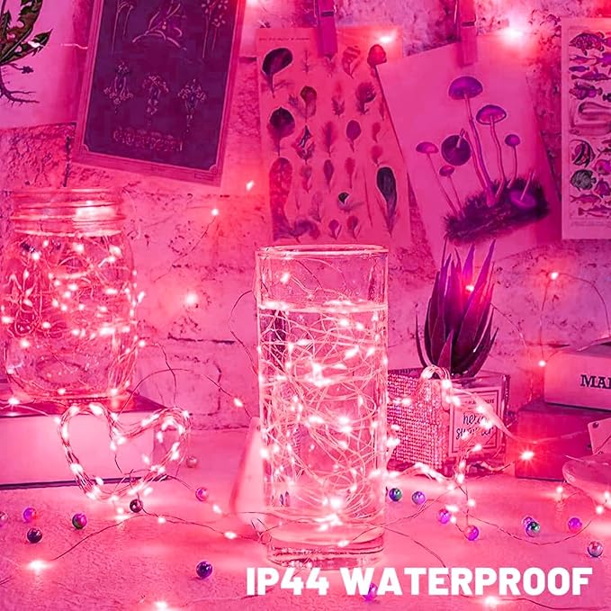 2 Pack Total 200 LED Fairy Lights Battery Operated String Lights with Remote & 8 Modes, 33FT Waterproof Copper Wire Battery Powered Twinkle Lights for Outdoor Christmas Parties Decoration Pink