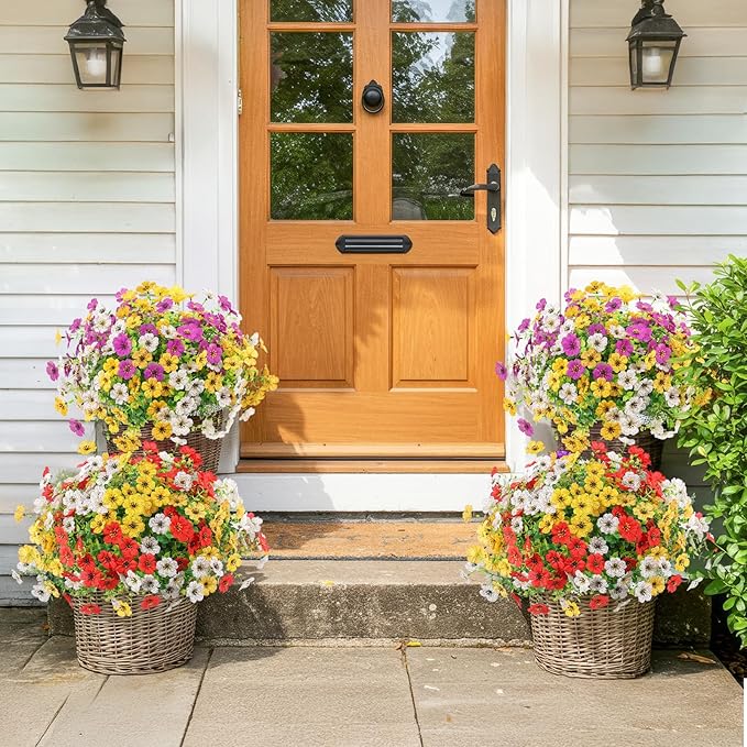 ATTGREAT Artificial Spring Flowers Outdoors UV Resistant Plastic Flowers Outdoors Faux Flowers Fake Plants Outside for Garden Porch Planters Silk Flowers Decor, 6 Bundles (Mix White Yellow Purple)