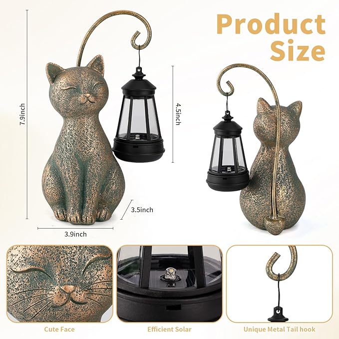 Solar Cat Garden Statue with Hanging Lantern – Waterproof Resin Outdoor Solar Cat Figurine, Decor for Yard, Patio, Balcony – Gift for Cat Lovers or Gardeners
