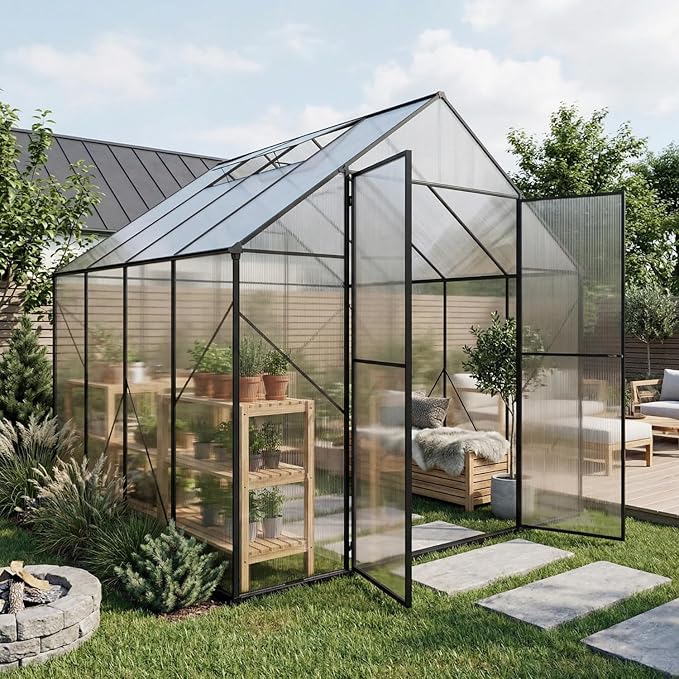 8x8 FT Greenhouse, Outdoor Greenhouse with Aluminum Frame, Polycarbonate Greenhouse for Outdoors with Roof Vent, Walk in Greenhouse for Outside Garden Backyard, Patio, Lawn (Black)