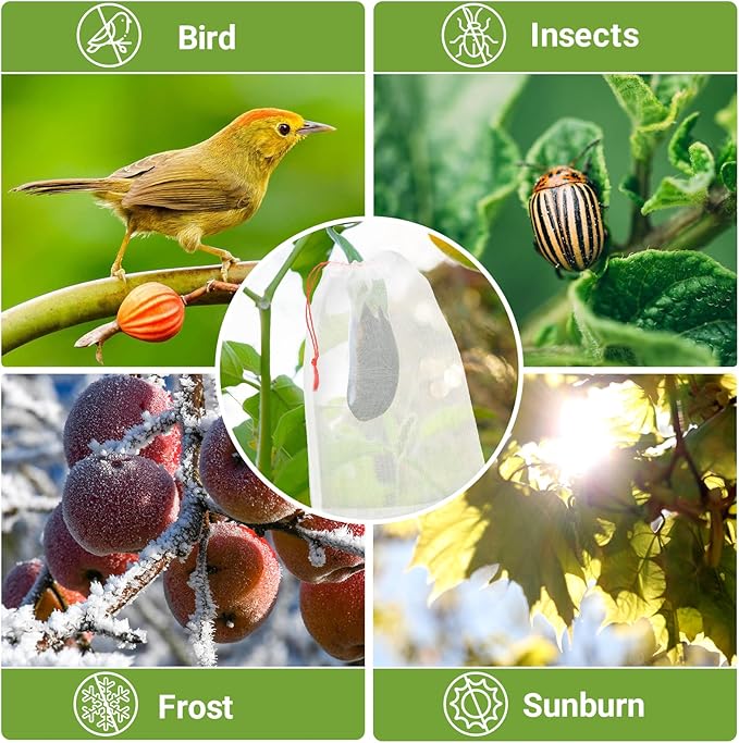Fruit Protection Bags for Fruit Tree, 50pcs 8x12 in Grape Netting Bags with Drawstring, Reusable Cover Mesh Protect Plants Flowers Veggies from Insects Birds Flies