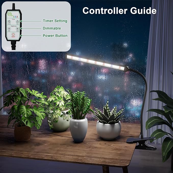 GooingTop Grow Light for Indoor Plants Growing,5000K White Full Spectrum Gooseneck Plant Lamp with Red Blue LED Clip Desk for Pot Plant Seed Starting,Dimmable with Auto Timer