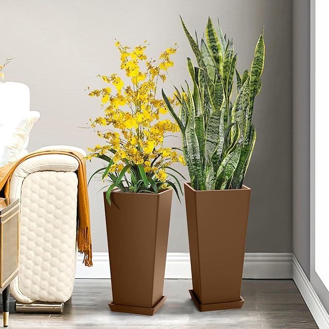 TUYOHW Set of 4 24" Tall Plastic Planters with Trays, Large Tapered Plant Pots for Indoor Outdoor Use, Modern Decorative Planters for Porch, Patio, Garden, and Backyard