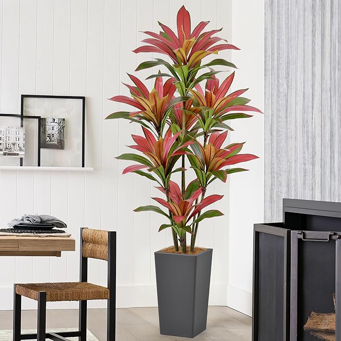 Roselywed Artificial Red Dracaena Tree 6FT with 114 Leaves & 7 Heads & Gray Tall Planter Cover with Coconut Fiber Tall Faux Tropical Silk Bicolor Plant 72 Inch for Indoor Home Office Porch Mall Decor