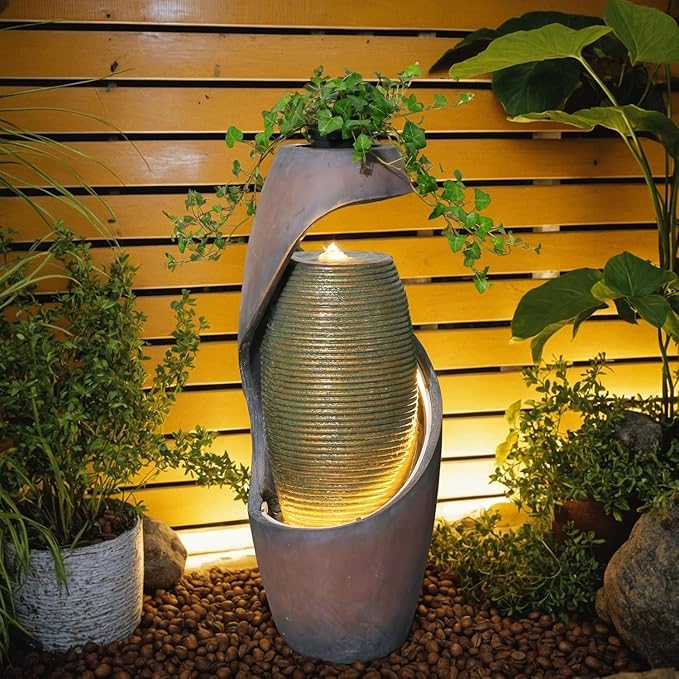 Modern Outdoor Freestanding Water Fountain with LED Lights, Resin Garden Water Feature with Planter Top for Patio, Yard & Porch, 29.5"H Sculptural Oval Waterfall Fountain Indoor Decor, Realaxing Sound