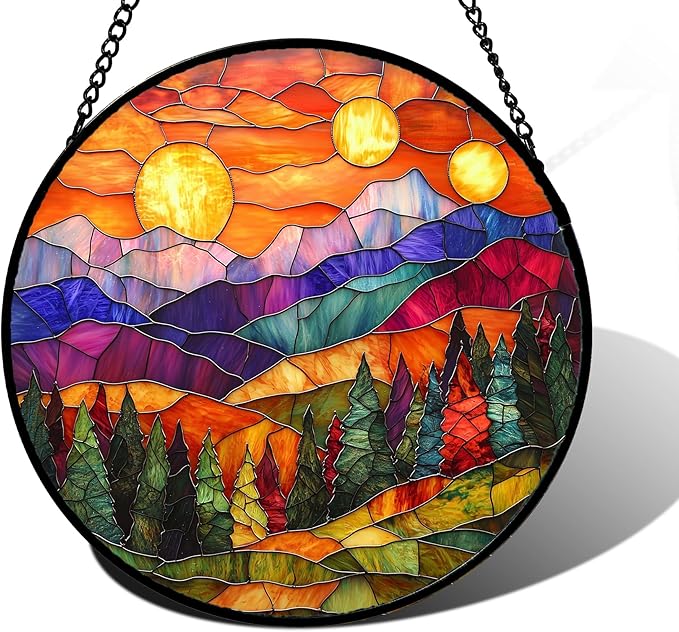 DASTOLL Stained Glass Window Hanging, Sunset Abstract Sun Catchers Colorful Glass Panel Landscape Suncatcher Decor for Birthday for Women, Men, Wife, Aunt, and Mom 6.3 in