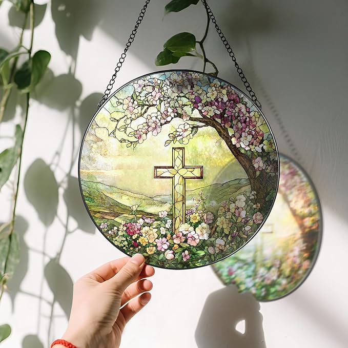 8'' Christian Cross Ornament, Stained Glass Window Hanging, Sun Catcher Window Decor, Christian Faith Home Decor, Gifts for Christmas, Cross Gifts for Religious