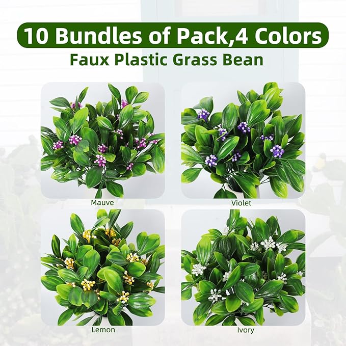 RECUTMS 10 Pcs Artificial Plants Plastic Fake Fern Bean Shrub Grass Greenery Simulation Leaves Bush Indoor Outside Home Garden Office DIY Table Arrangement (Violet)