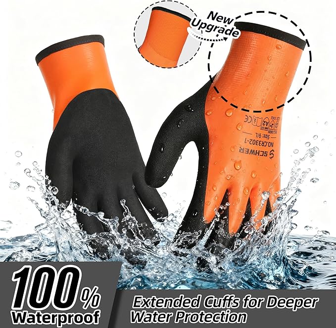 Schwer 100% Waterproof Winter Work Gloves, ANSI A2 Cut Resistant Freezer Gloves for Outdoor Cold Weather Keep Hands Warm, Thermal Insulated Gloves for Shoveling Snow, Ice Fishing, Super Grip, XL