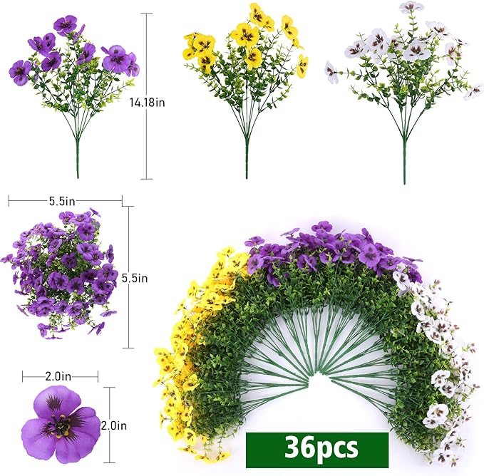 Rowfad 36 Pcs Artificial Fake Pansy Flowers for Outdoor, Faux Silk Pansies Spring Flowers for Outside for Planter Front Door Porch Yard Patio Window Box Home Decor (36, Purple, Yellow, White)