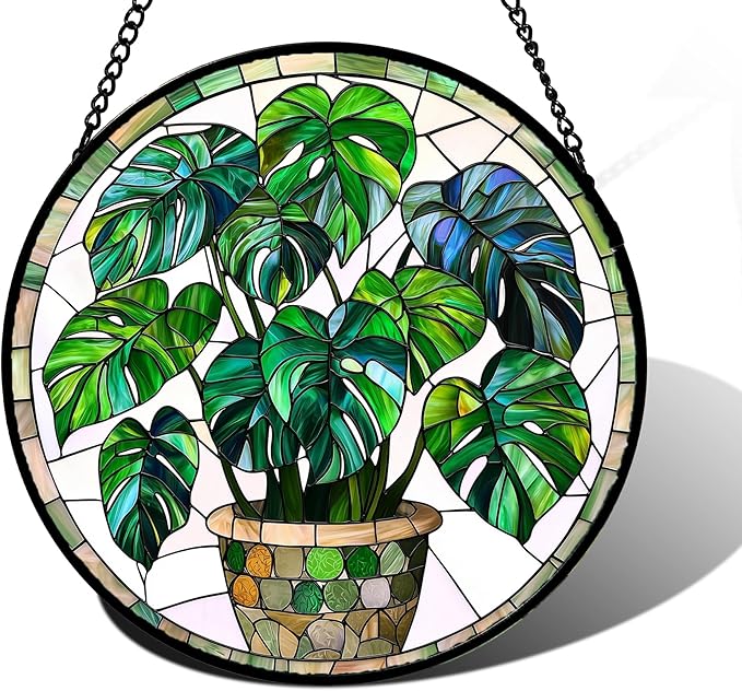 Stained Glass Window Hanging, Green Plant Monstera t Suncatcher Diamond Colorful Glass Panel Sun Catchers Decor for Birthday for Women, Men, Wife, Aunt, and Mom 6.3 in