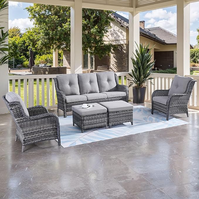 HUMMUH Patio Chair Wicker Patio Dining Chairs Set of 2 PE Rattan Deep Seating Outdoor Chairs with 4 inch Seat Cushions