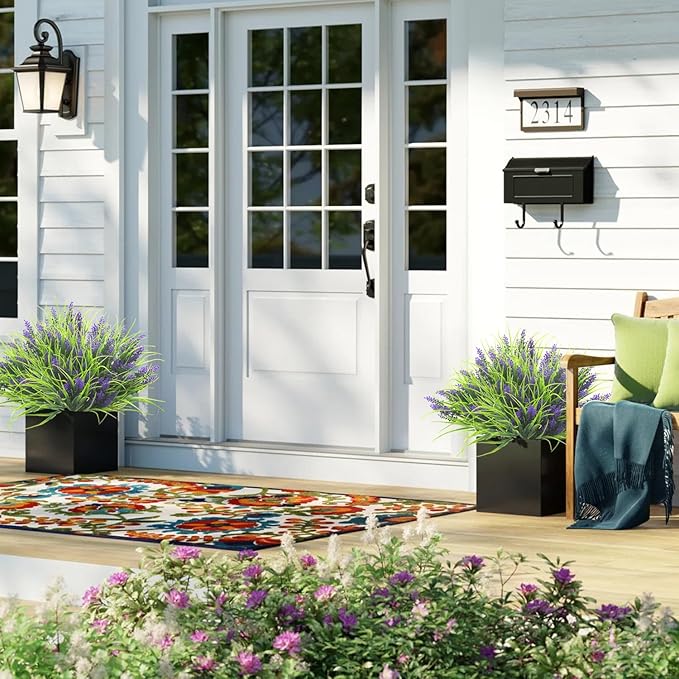 Grunyia 20 Bundles Artificial Plants Outdoor Fake Monkey Grass with Flowers (Purple)