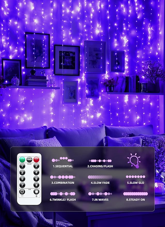 Brightown 300 LED Purple Fairy Curtain Lights, 9.8ft x 9.8ft String Lights, USB Plug in 8 Lighting Modes Christmas String Hanging Lights with Remote for Bedroom Indoor Outdoor Party Xmas Purple 1 Pack