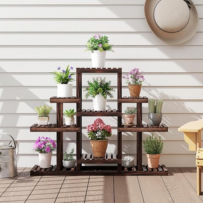 COSTWAY 6-Tier Multifunctional Wood Flower Stand, Shelf Holder for Multiple Plants, Freestanding Plant Rack for Garden, Patio, Balcony, Living Room, Indoor, Outdoor