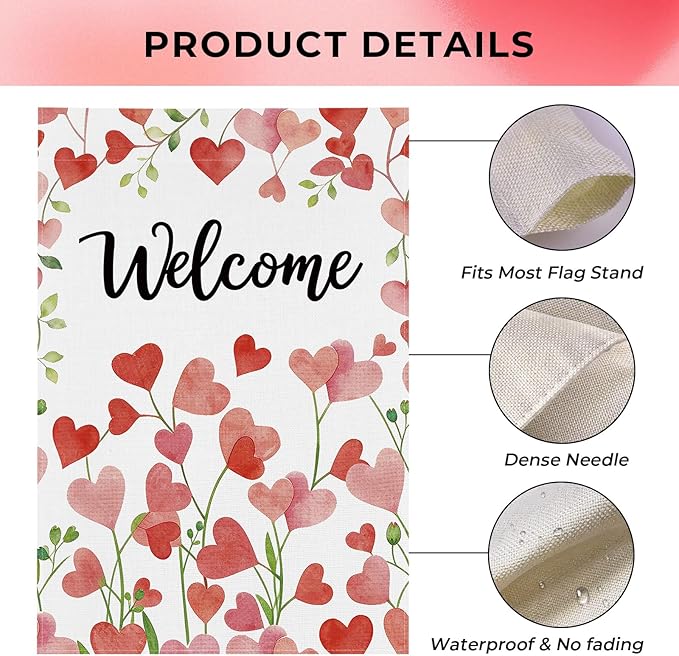pretty_jessie Valentines Day Garden Flag 12x18 Inch Double Sided, Welcome Floral Love Hearts Burlap Yard Flag Anniversary Patio, Porch, Backyard Outdoor Decorations