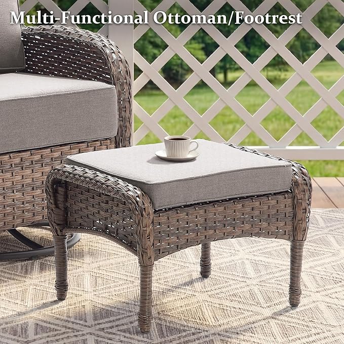 Outdoor Swivel Rocking Chair Patio Set (5-Piece), High-Back - Thick Cushion Swivel Rocking Chair Patio Set, All-Weather Wicker Patio Furniture Set, Suitable for Balcony Patios, Brown/Gery