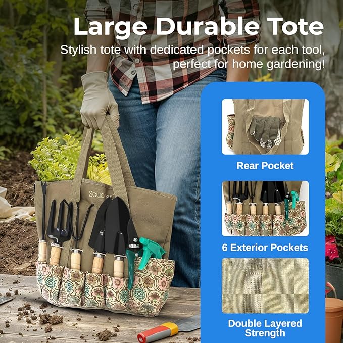Scuddles 8-Piece Garden Tool Set with Heavy-Duty Tote Bag – Stainless Steel Gardening Tools with Wooden Handles, Non-Slip Grip, Gloves, Hand Rake, Trowel, Pruner & Sprayer for Planting & Landscaping