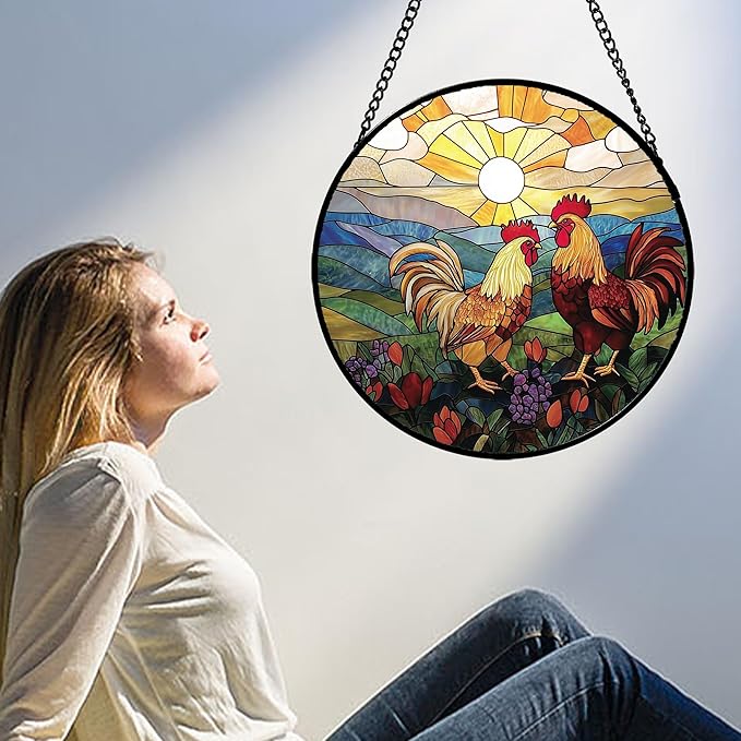Stained Glass Window Hanging, Countryside Scenery Chicken Sun Catcher for Door Home Decor Sunrise Suncatcher Christmas Mother's Day Birthday Gifts for Women Men Mom Nana 15 in